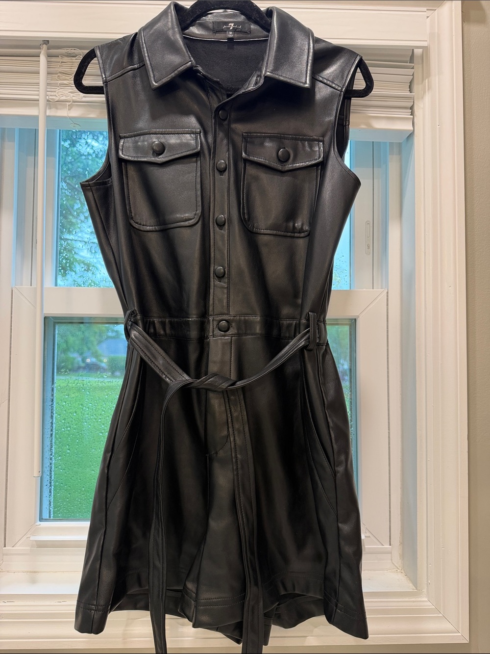 7 For All Mankind Black Sleeveless Faux Leather Mini Shirt Dress with Belt